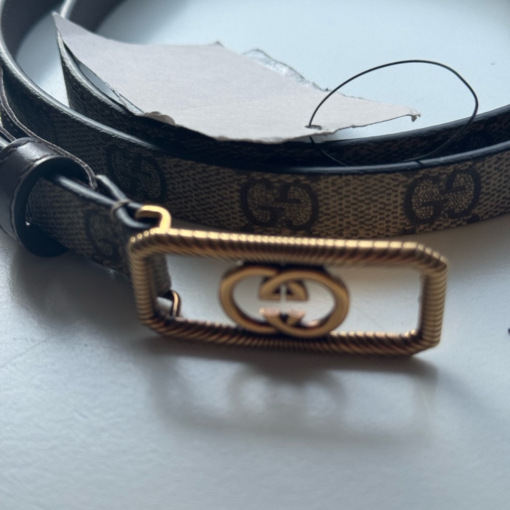 Gucci Beige Monogram Belt with Gold GG Buckle